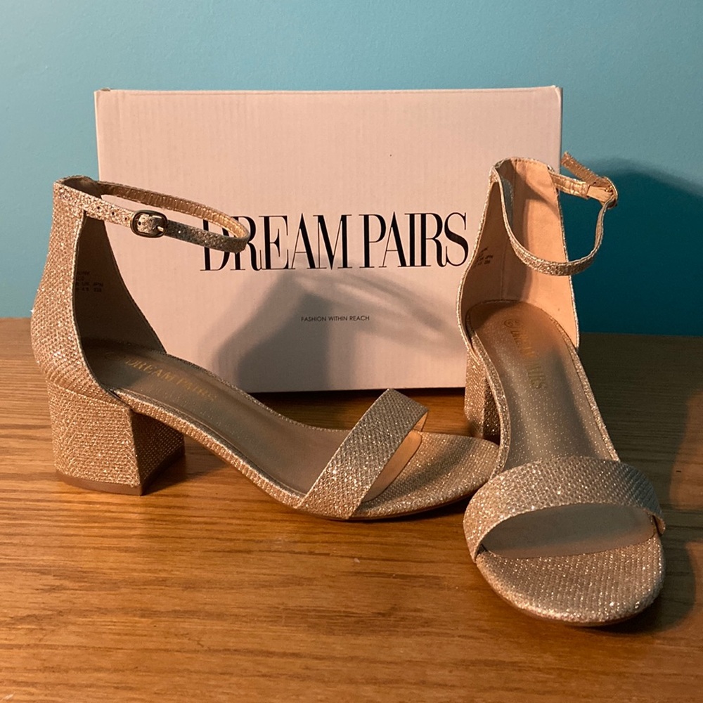 Dream Paris Low Chunk Heels Size 6.5 in gold champagne